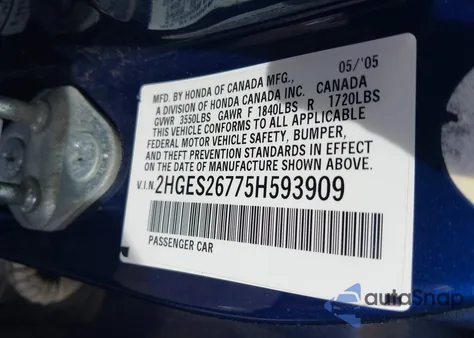 2005 Honda Civic Ex from USA, damaged, VIN 2HGES26775H593909